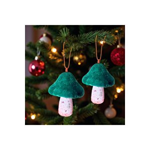 Yılbaşı Süsü Mantar Süs Kadife 11cm Yeşil Beyaz 2 Adet Ast7208