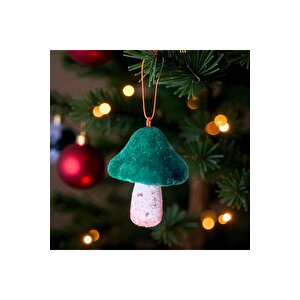 Yılbaşı Süsü Mantar Süs Kadife 11cm Yeşil Beyaz 2 Adet Ast7208