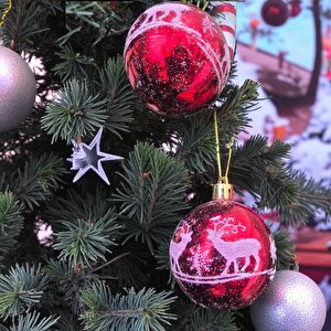 Yılbaşı Topu 6cm Geyik Desenli̇ 6lı Kırmızı Ast6940 Kırmızı