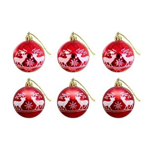 Yılbaşı Topu 6cm Geyik Desenli̇ 6lı Kırmızı Ast6940 Kırmızı