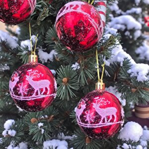 Yılbaşı Topu 6cm Geyik Desenli̇ 6lı Kırmızı Ast6940 Kırmızı