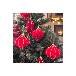 Lüks Yılbaşı Damla Süs 8cm Kadife 6lı Altın Boncuk Şeritli Ast7263