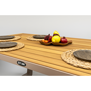 Scbm-241 Viane 6 Kişilik Örgülü Ahşap Detaylı Yemek Masa Takımı Bahçe Balkon Mobilyası Oturma Grubu Çay Seti