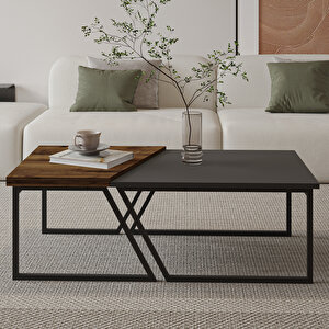 Verona İkili Orta Sehpa – Modern Tasarım Metal Ayaklı Sehpa Seti, Antrasit/antik Ceviz Antrasit - Kahverengi