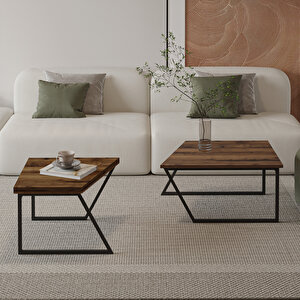 Verona İkili Orta Sehpa – Modern Tasarım Metal Ayaklı Sehpa Seti, Antik Ceviz Antik Ceviz Antik Ceviz