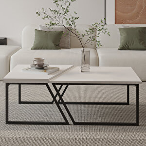 Verona İkili Orta Sehpa – Modern Tasarım Metal Ayaklı Sehpa Seti, Beyaz Beyaz