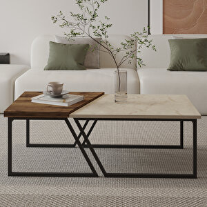 Verona İkili Orta Sehpa – Modern Tasarım Metal Ayaklı Sehpa Seti, Traverten/antik Ceviz Bej - Kahverengi