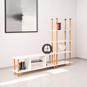 Pia Kitaplıklı Tv Sehpası Beyaz Beyaz