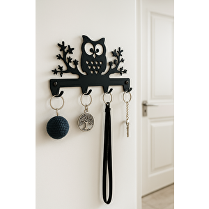 Baykuş Figürlü 4 Kancalı Metal Anahtar Askılığı, Yapışkanlı Duvara Monte Askı