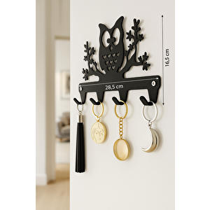 Baykuş Figürlü 4 Kancalı Metal Anahtar Askılığı, Yapışkanlı Duvara Monte Askı