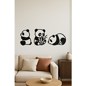 Dekoratif Metal Panda Duvar Tablosu 3'lü Set Modern Minimalist Tasarım