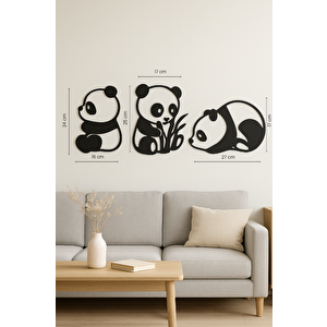 Dekoratif Metal Panda Duvar Tablosu 3'lü Set Modern Minimalist Tasarım