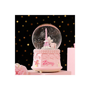 Eyfel Orta Boy Kar Küresi Işıklı, Müzikli, Pembe, 12x8 Pembe