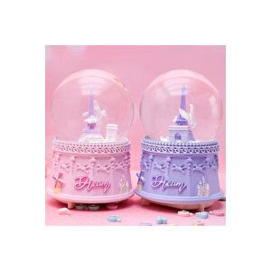 Eyfel Orta Boy Kar Küresi Işıklı, Müzikli, Pembe, 12x8 Pembe