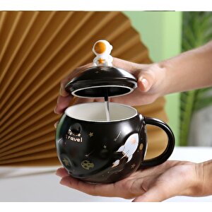 Astronot Kapaklı Seramik Kupa, Siyah, 13x8 Siyah