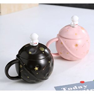 Astronot Kapaklı Seramik Kupa, Siyah, 13x8 Siyah