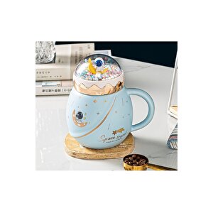 Astronot Boncuk Kapaklı Seramik Kupa, Mavi, 13x7 Mavi