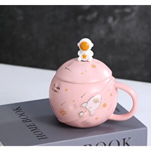 Astronot Kapaklı Seramik Kupa, Pembe, 13x8 Pembe