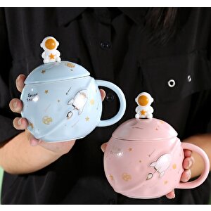 Astronot Kapaklı Seramik Kupa, Pembe, 13x8 Pembe