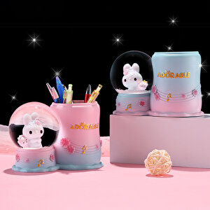 Tavşan Ve Ayıcık Küreli Işıklı Polyester Kalemlik, Pembe, 15x10 Pembe