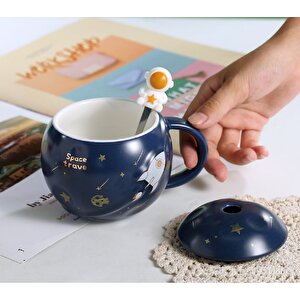 Astronot Kapaklı Seramik Kupa, Lacivert, 13x8 Lacivert