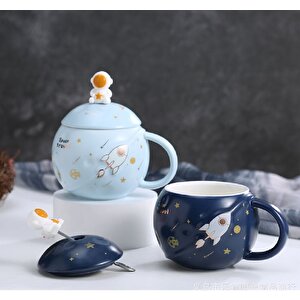 Astronot Kapaklı Seramik Kupa, Lacivert, 13x8 Lacivert