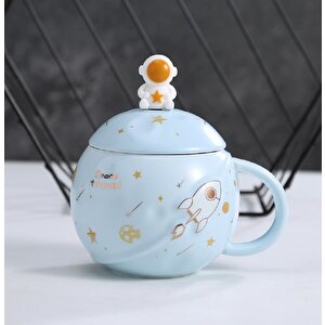 Astronot Kapaklı Seramik Kupa, Mavi, 13x8 Mavi