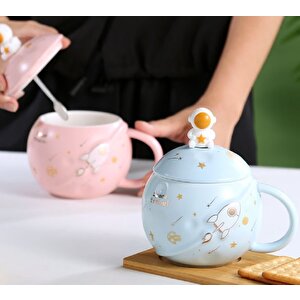 Astronot Kapaklı Seramik Kupa, Mavi, 13x8 Mavi