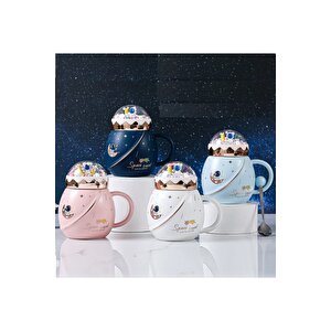 Astronot Boncuk Kapaklı Seramik Kupa, Pembe, 13x7 Pembe