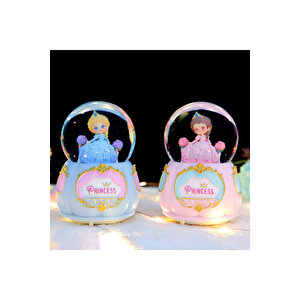 Prenses Orta Boy Kar Küresi Işıklı, Müzikli, Pembe, 12x8 Pembe