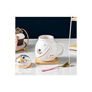 Astronot Boncuk Kapaklı Seramik Kupa, Beyaz, 13x7 Beyaz