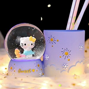 Hello Kitty Küreli Işıklı Polyester Kalemlik, Mor, 15x10 Mor