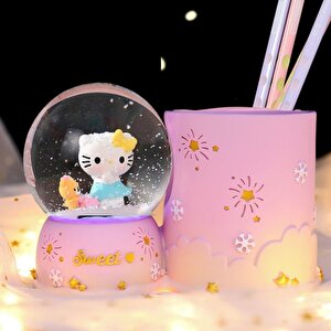 Hello Kitty Küreli Işıklı Polyester Kalemlik, Pembe, 15x10 Pembe
