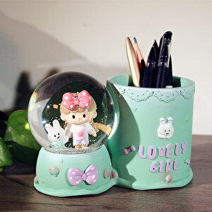 Tatlı Kız Küreli Işıklı Polyester Kalemlik, Yeşil, 15x10 Yeşil