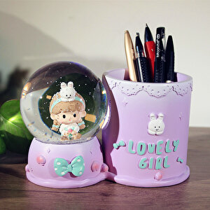 Tatlı Kız Küreli Işıklı Polyester Kalemlik, Mor, 15x10 Mor