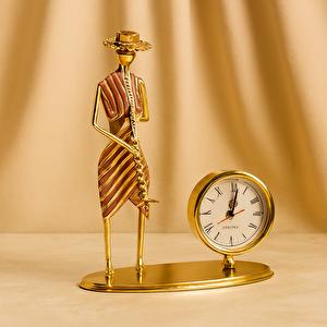 Müzisyen Kadın Metal Masa Saati, Kahve, 20x14 Kahverengi