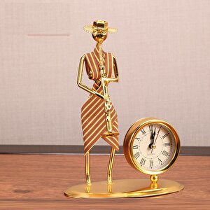 Müzisyen Kadın Metal Masa Saati, Kahve, 20x14 Kahverengi