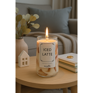 Buzlu Kahve Jel Mum Cam Bardak ,%100 Soyawax El Yapımı, Kahve Kokulu, 13x8 Pembe