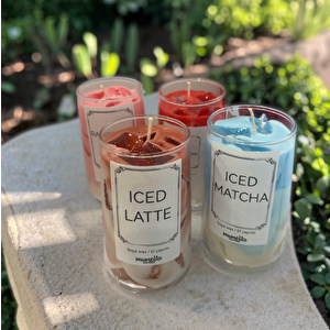 Buzlu Kahve Jel Mum Cam Bardak ,%100 Soyawax El Yapımı, Kahve Kokulu, 13x8 Pembe