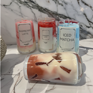 Buzlu Ahududu Jel Mum Cam Bardak ,%100 Soyawax El Yapımı, Çilek Kokulu, 13x8 Pembe