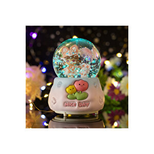 Tavşan Ve Kız Orta Boy Kar Küresi Işıklı, Müzikli, Pembe, 12x8 Pembe