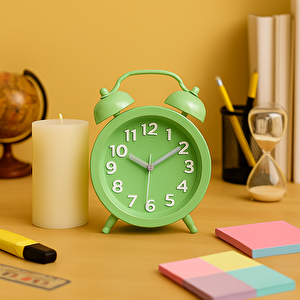 Yuvarlak Alarmlı Metal Masa Saati, Yeşil, 15x10 Yeşil