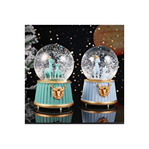 Geyik Ve Yavrusu Orta Boy Kar Küresi Işıklı, Müzikli, Mavi, 12x8 Mavi