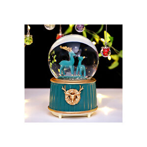 Geyik Ve Yavrusu Orta Boy Kar Küresi Işıklı, Müzikli, Yeşil, 12x8 Yeşil