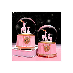 Geyik Ve Yavrusu Orta Boy Kar Küresi Işıklı, Müzikli, Pembe, 12x8 Pembe
