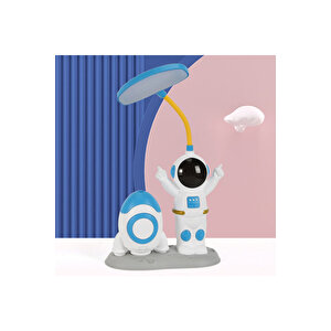 Mavi Füzeli Astronot Masa Lambası, Kalemlik Ve Kalemtıraş, 26x14, Sürpriz Hediye Mavi