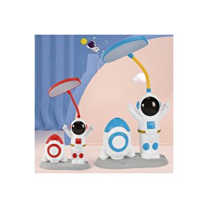 Mavi Füzeli Astronot Masa Lambası, Kalemlik Ve Kalemtıraş, 26x14, Sürpriz Hediye Mavi