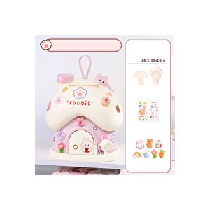 Kedili Ev Kilitli Ve Askılı Kumbara Işıklı Ve Yapışkanlı, Pembe, 25x18 Pembe