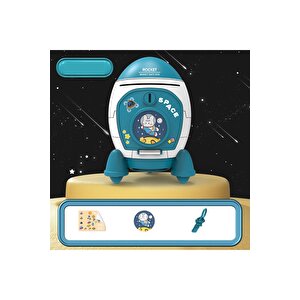 Roket Kilitli Kumbara Işıklı Ve Yapışkanlı, Mavi, 19x13 Mavi