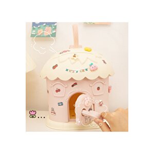 Sevimli Ev Kilitli Ve Askılı Kumbara Işıklı Ve Yapışkanlı, Pembe, 26x18- Pembe